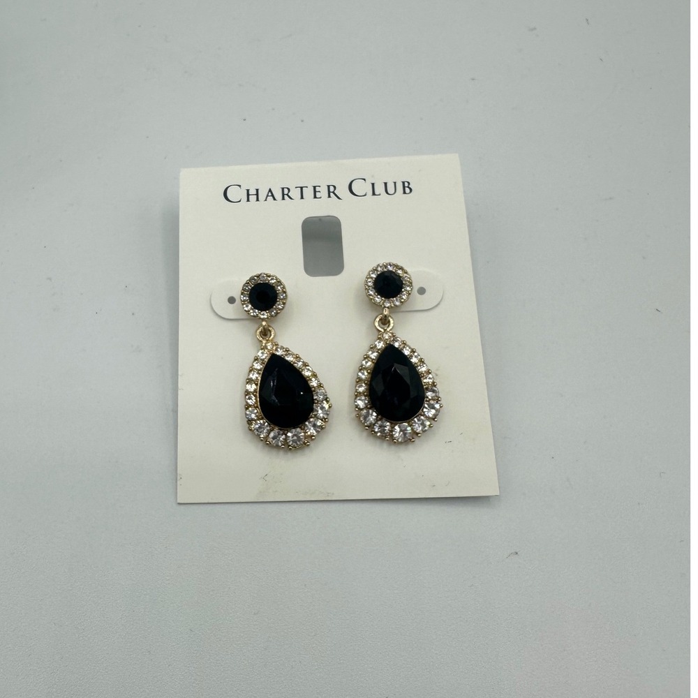 Charter Club Drop Earrings Women OS Black Gold Tone Jet Teardrop Crystal Halo